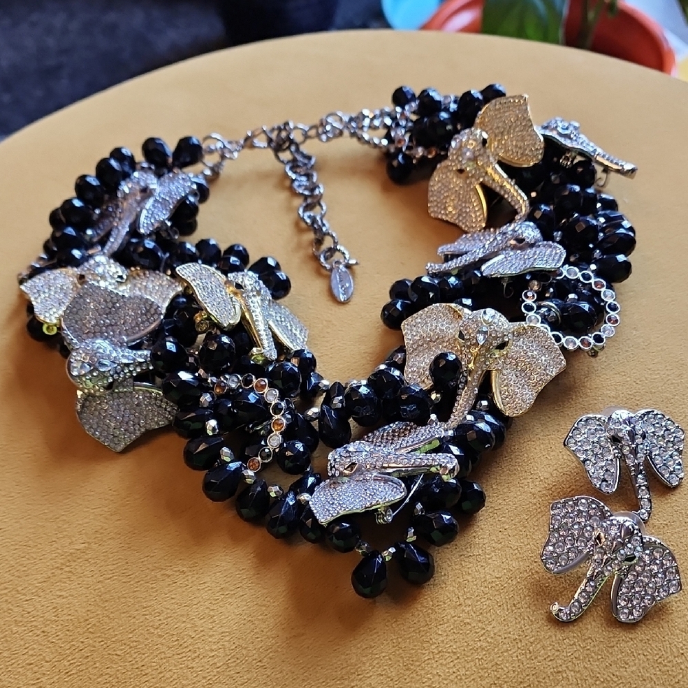 Sassy Jones Babar (Black, Gold, and Silver) Elephant Necklace and Earring Set